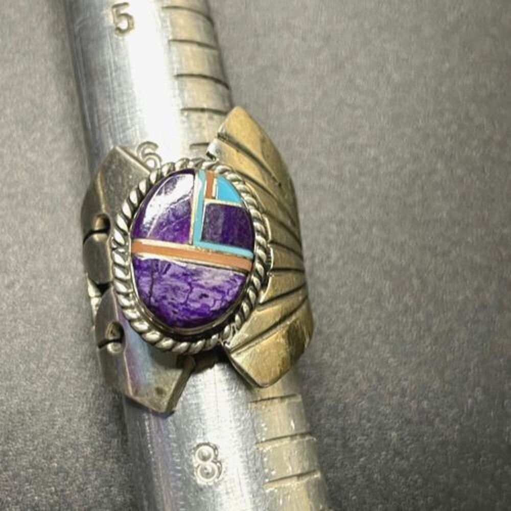 Artisan Native Turquoise, Lapis, Charoite Sterling Silver Ring Sz 9 Adjustable